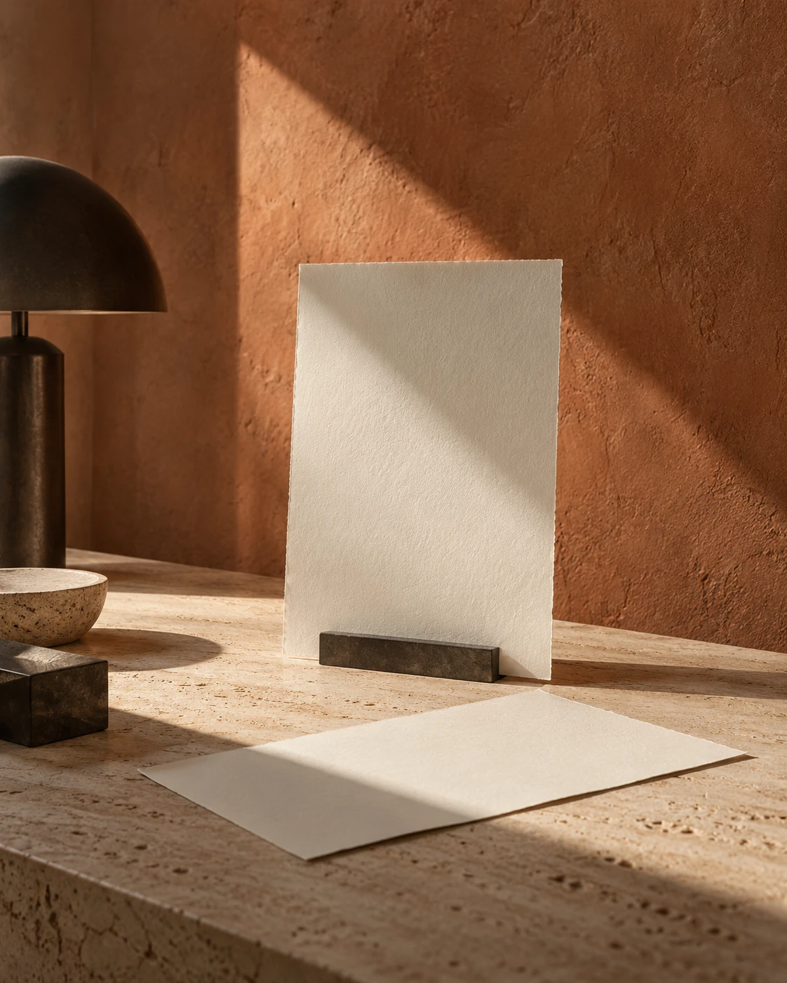 Studio visivo Bottega: carta avorio, travertino e luce su una parete terracotta